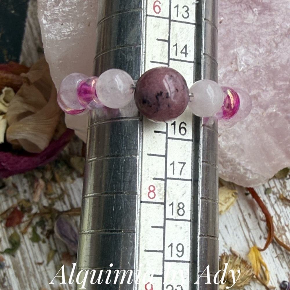 Rose Quartz Beaded Ring — Rhodonite Focal, Size 7